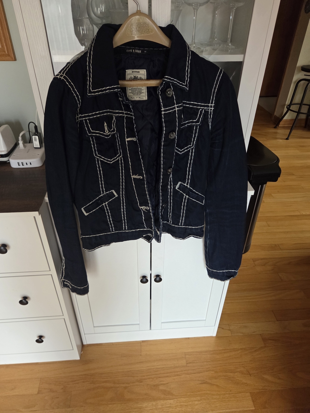 Dark Blue Quilted Jean Jacket with White Stitching - Casual Tailored Style